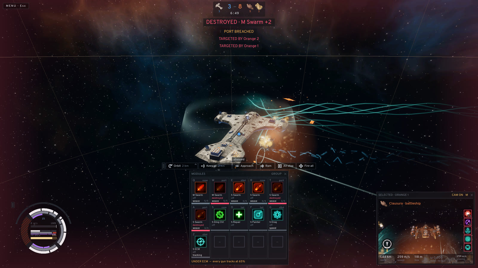 Your ship with its port face breached and three launchers destroyed in the module window