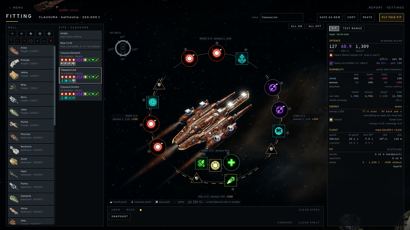 The fitting screen: a battleship on its ring of slots, with its stats on the right