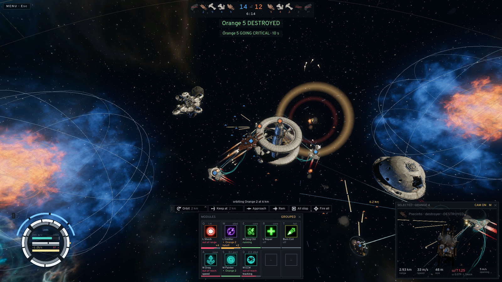 The combat HUD: the orders bar, the module grid and the selected target