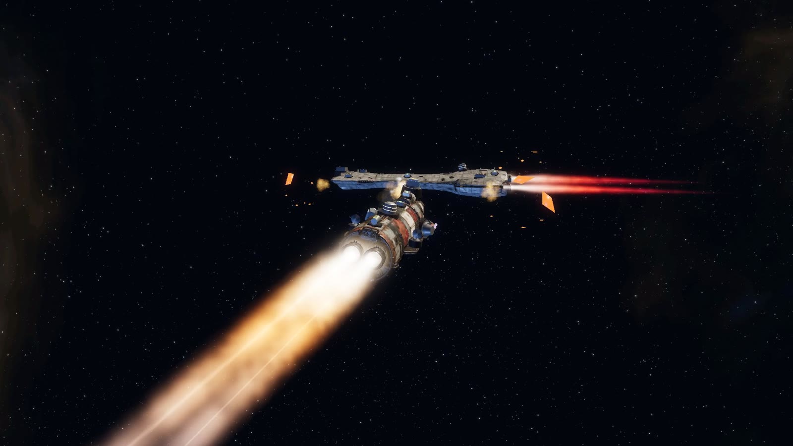 An Akrav on its burn coil, ramming a cruiser